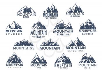 Mountain sport climbing and hiking tourism icons set. Vector isolated symbols of Alpine rocks and mount snow peaks for climber or explorer expedition adventure or camping trip and mountaineering