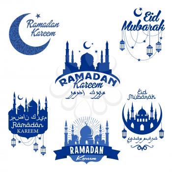 Ramadan Kareem and Eid Mubarak greeting design icons set. Vector isolated symbols of mosque and lantern, crescent moon and star in sky, Arabian text for Muslim religious Ramadan or Eid Mubarak holiday