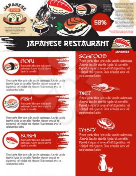 Sushi menu template for Japanese seafood or sushi bar lunch discount offer. Vector design of sashimi rolls and salmon fish, bento and tempura shrimp with steamed rice and soy sauce or noodles soup