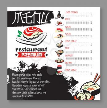 Japanese restaurant or sushi bar menu template. Vector premium design of main dishes and sushi rolls, Japanese seafood soups and tempura shrimps with steamed rice garnish, desserts and drinks