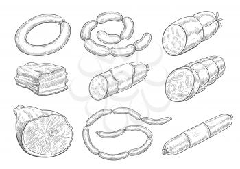 Meat products sketch vector icons. Isolated symbols of sausages, meat delicatessen of ham or bacon and barbecue brisket, butcher gourmet gastronomy of salami and steak for farmers market