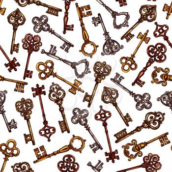 Vintage keys vector seamless pattern of heraldic old brass or metal bronze forged lock keys of antique medieval castle or royal fortress doors and gates with ornate and flourish bows or wards