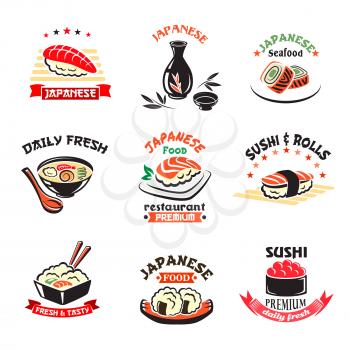 Japanese restaurant or sushi bar icons set for menu template. Vector isolated symbols noodles soup and sushi rolls, seafood wok and tempura shrimps or fish with steamed rice and chopsticks