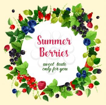 Berries poster of raspberry, red and black currant, cherry and strawberry, gooseberry, blueberry or blackberry and cranberry. Vector design of garden and forest summer fresh berry harvest