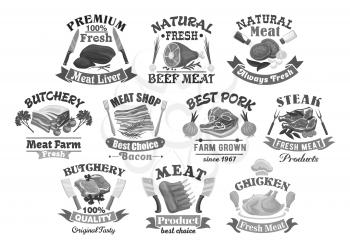 Butchery shop products icons set. Vector isolated symbols of butcher ham meat and chicken or turkey, sausages, bacon and tenderloin product delicatessen. Farm fresh steak brisket or sirloin and liver
