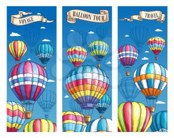 Hot air balloon voyage or travel tour banners. Vector sketch design set for summer open air festival. Inflated hopper balloons with pattern decor of zig zag, square checkered patch or stripes
