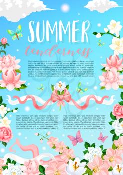 Summer tenderness poster of orchids, jasmine or magnolia flowers. Vector floral design of blooming summertime bouquets and butterflies on pink ribbon in blue sunny sky, flourish daisy or lily bunches