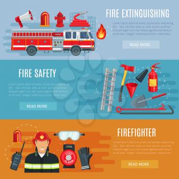Fire extinguishing or firefighting vector banners set of fire engine truck with ladder, extinguisher spade and hydrant hose, hammer and scoop, siren alarm and firefighter in safety protective uniform