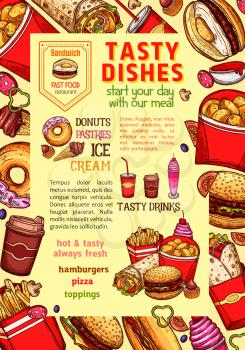 Fast food poster of daily meals and fastfood dishes. Vector sandwich and snacks of french fries, cheeseburger and ice cream or donut cake dessert, hot dog or pizza and grilled chicken wings or nuggets