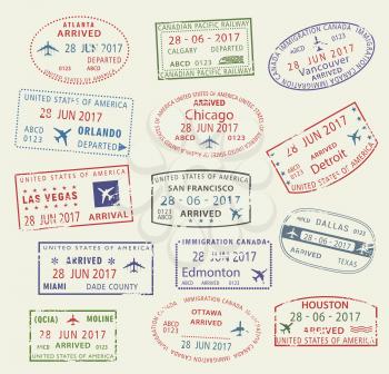 Passport travel stamps icons with city names of USA America and Canada, Atlanta, Vancouver or Chicago and Las Vegas or San Francisco and Miami. Vector isolated set of country migration arrival entry