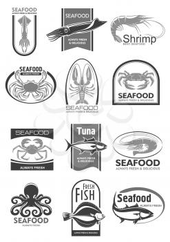 Seafood products icons set fro sea food or fish market an shop. Vector isolated symbols of tuna, crab or lobster and octopus or flounder, fresh fisherman catch of shrimp prawn, salmon or squid