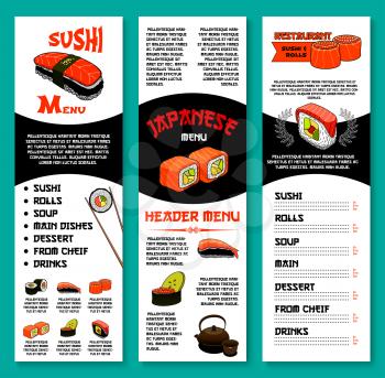 Sushi restaurant menu vector template of sushi rolls, noodle or tofu soups, prawn shrimps tempura and steamed rice green tea drinks , fish sashimi or seafood dishes and chopsticks for Japanese cuisine