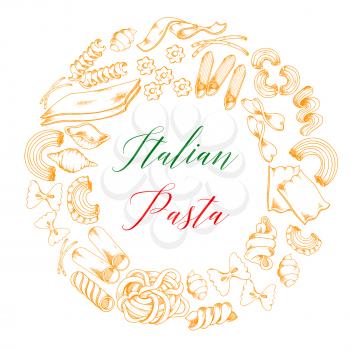 Pasta poster of spaghetti, fettuccine and farfalle macaroni for Italian cuisine. Vector design of ravioli, lasagna or hand-crafted tagliatelle, stelle or funghetto and papardelle pasta for restaurant