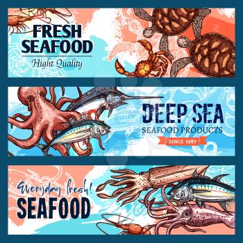 Seafood banners set of fresh fish and sea food catch of octopus, squid or shrimp and prawn, turtle, tuna or marlin and salmon. Vector design for seafood market or gourmet fish restaurant