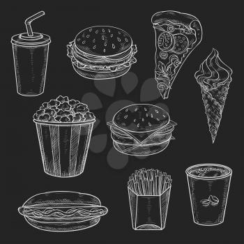 Fast food chalk sketch icons on chalkboard. Vector isolated soda, coffee drink or cheeseburger and hamburger with pizza slice and popcorn basket, french fries and ice cream dessert on blackboard
