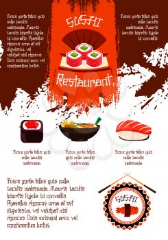 Japanese sushi restaurant poster for menu template. Vector design of sushi rolls, sashimi or prawn shrimps and squid tempura, steamed rice and seafood or miso soup noodle, caviar and chopsticks