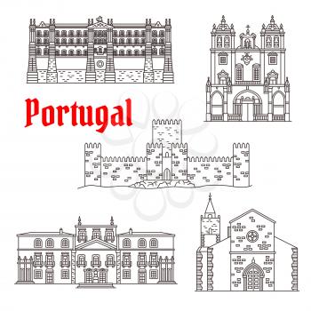 Portugal landmarks and Portuguese famous architecture buildings. Vector isolated icons and facades of Santa Clara Monastery, Funchal and Braga Cathedral, Guimaraes Castle and Palacio dos Biscainhos