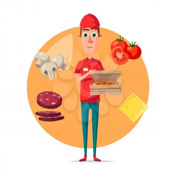 Pizza delivery man vector poster for pizzeria restaurant or fast food cafe design. Vector courier boy delivering pizza box in hand in uniform with tomatoes, cheese or salami and mushrooms topping