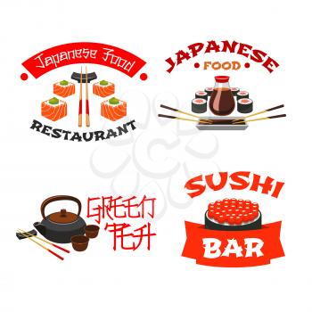 Japanese food or sushi cuisine restaurant or bar icons set. Vector isolated symbols of sushi roll with soy or wasabi sauce, chopsticks in steamed rice and sashimi or nigiri sushi in seaweed nori