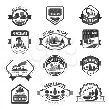 Green hills or forestland and urban eco village icons set for horticulture or gardening company. Vector isolated symbols of nature parks and outdoor ecology gardens or woodlands and forest trees