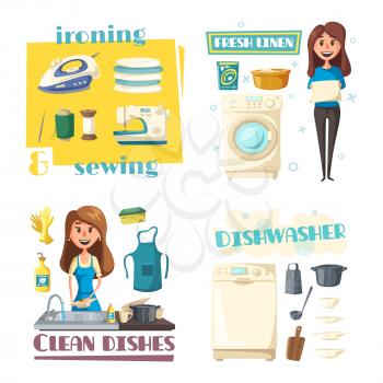 Home cleaning, dish washing and sewing or ironing. Vector woman in apron with laundry or fresh linen, wash dishware plates in kitchen sink, iron or threads and needle, washing and sewing machine