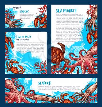 Fresh fish and seafood market posters and banners templates set of vector octopus, squid or shrimp and lobster, fisher big catch of turtle, prawn and oyster or mussels and crab for sea food shop