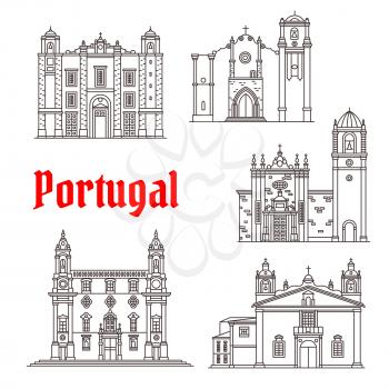 Portugal landmarks and Portuguese famous architecture buildings. Vector isolated icons and facades of Santo Antonio and San Antao church, Carmo temple, Silves and Sao Domingos Cathedral