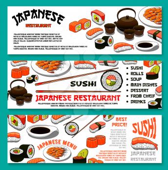 Japanese restaurant or sushi bar cuisine banners set for template of sushi rolls, sashimi fish and teriyaki meat or tempura prawn shrimp, salmon caviar guncan and green tea. Vector lunch menu template