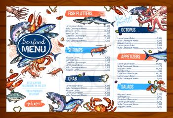 Seafood or fish food restaurant cuisine menu template. Vector price set for salmon or tuna fish platter dish, fresh shrimps on grill or crab and lobster, appetizers of ocotpus, squid and mussels salad
