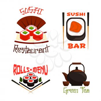 Sushi bar icons set for Japanese food cuisine restaurant. Vector isolated symbols of sushi roll with chopsticks and Japan fan, soy sauce or wasabi on sashimi and nigiri sushi in rice and seaweed nori