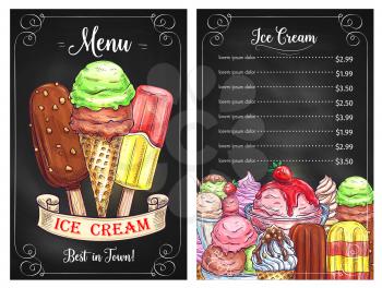 Ice cream cafe or restaurant price menu template. Vector design of frozen desserts, ice cream scoops in wafer cones, sundae and chocolate glaze eskimo or caramel waffles with berry and fruit topping