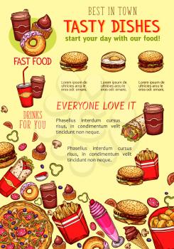 Fast food poster of fastfood sandwiches, meals and snacks or desserts. Vector design template of cheeseburger or hamburger, pizza and chicken nugget or french fries, onion rings and ice cream or donut