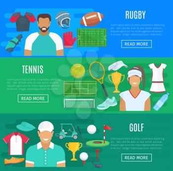 Tennis, rugby and golf sport game flat banners set of vector gaming ball and racket or player bat, goal gates and caddy car, sporting boots, shirt and goalkeeper gloves or champion golden cup prize