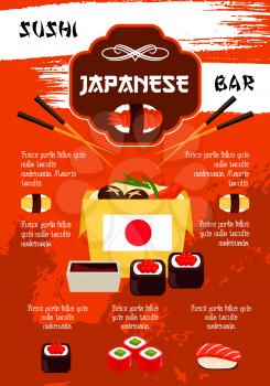 Japanese sushi bar poster template. Vector sushi cuisine rolls, fish maki or salmon sashimi and noodle or miso soup, chopsticks in steamed rice with soy sauce or wasabi for nigiri sushi bento in nori