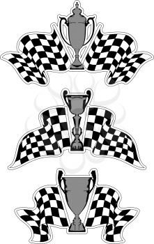 Racing sport emblems with checkered flags and trophies