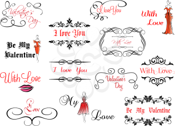 Set of Valentine's calligraphic headlines with design elements