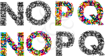Abstract alphabet letters set in colorful and monochrome style