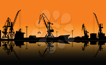 Working cranes unload cargo in seaport. Vector illustration for industrial design