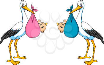 Stork with boy and girl for newborn or childbirth concept design