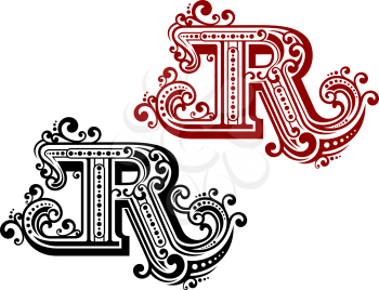 Vintage letter R with ornamental elements in retro style