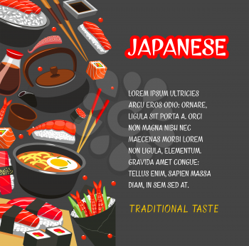 Japanese seafood dinner poster for asian cuisine restaurant template. Salmon fish and rice sushi roll, shrimp and octopus nigiri sushi, tuna sashimi, noodle soup ramen with soy sauce and chopsticks