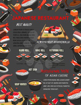 Japanese restaurant sushi and hot dishes. Menu banner with frame of seafood sushi and salmon fish roll, sticky rice with tuna sashimi and soy sauce, meat soup ramen with noodle, chopsticks and tea set