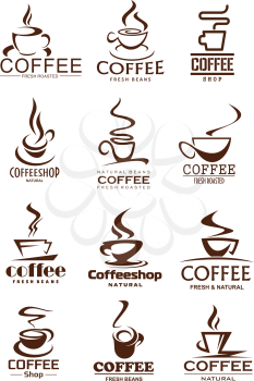 Coffee cup isolated icons of coffee shop and cafe. Coffee cup and mug with cappuccino or americano, espresso and latte hot drink icons, decorated with steam for beverage and drink design