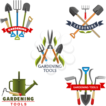 Tool and equipment icons for gardening and agriculture. Work shovel, rake and watering can, fork, spade and pruner, axe and saw, cutter and pitchfork, framed with ribbon banner and green leaf