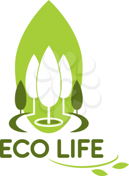 Green tree and leaf icon for eco city life or urban outdoor landscaping design company. Vector flat badge for green home project and environment ecology horticulture build association