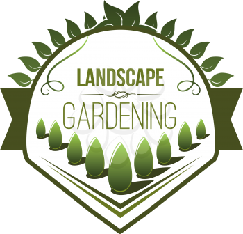 Landscape and gardening design company icon template for green eco urban horticulture service. Vector park or parkland trees garden with green ribbon for landscaping build and city eco life concept