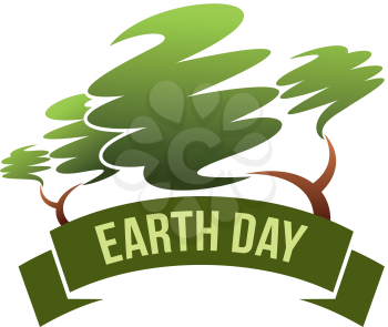 Earth day design template of green tree symbol for Save planet and nature conservation or environment pollution global event. Vector green ribbon and trees for earth ecology protection