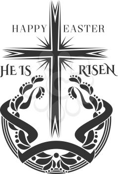 Happy Easter and He is Risen icon of cross crucifix laurel wreath for Christian religious Easter holiday design. Vector isolated symbol of Christianity crucifixion cross with ornate ribbon for Easter