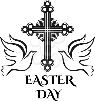 Easter day celebration icon of cross crucifix and doves for Christian religious Holy Easter Sunday holiday greeting card design. Vector isolated ornate Christianity cross for Resurrection day