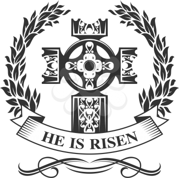 He is risen cross icon for Easter day or Resurrection Sunday celebration greeting card design. Vector isolated icons of catholic Christian cross crucifixion in laurel wreath with ribbon